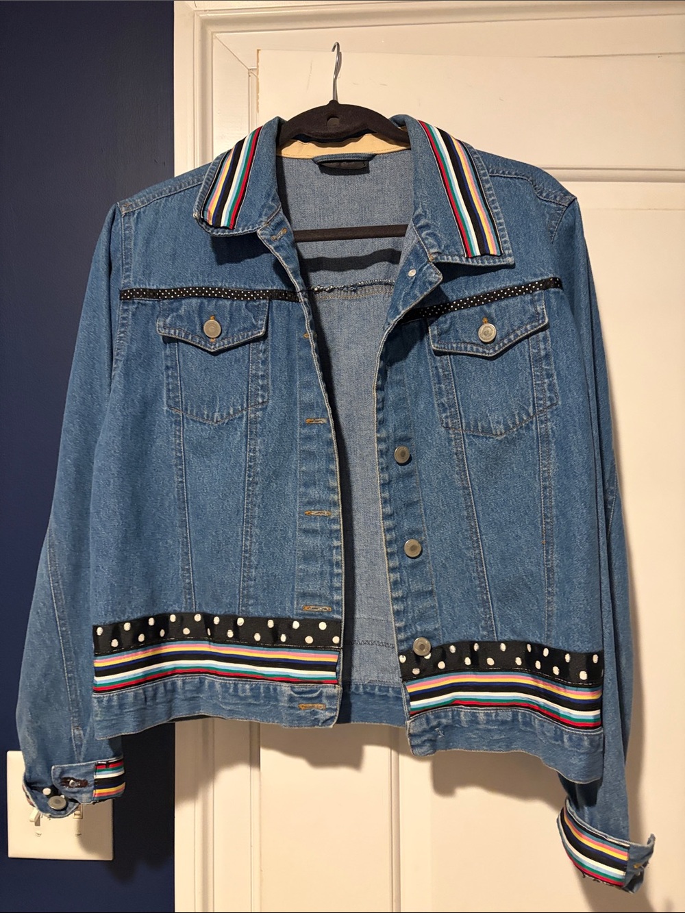 Liza Byrd Blue Denim Jacket with Multicolor Striped Trim